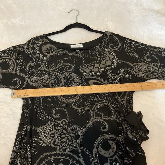 Metallic Gold Black Paisley Knit Dress PM Scoop Neck 3/4 Sleeve Boho Casual Chic - Picture 6 of 7